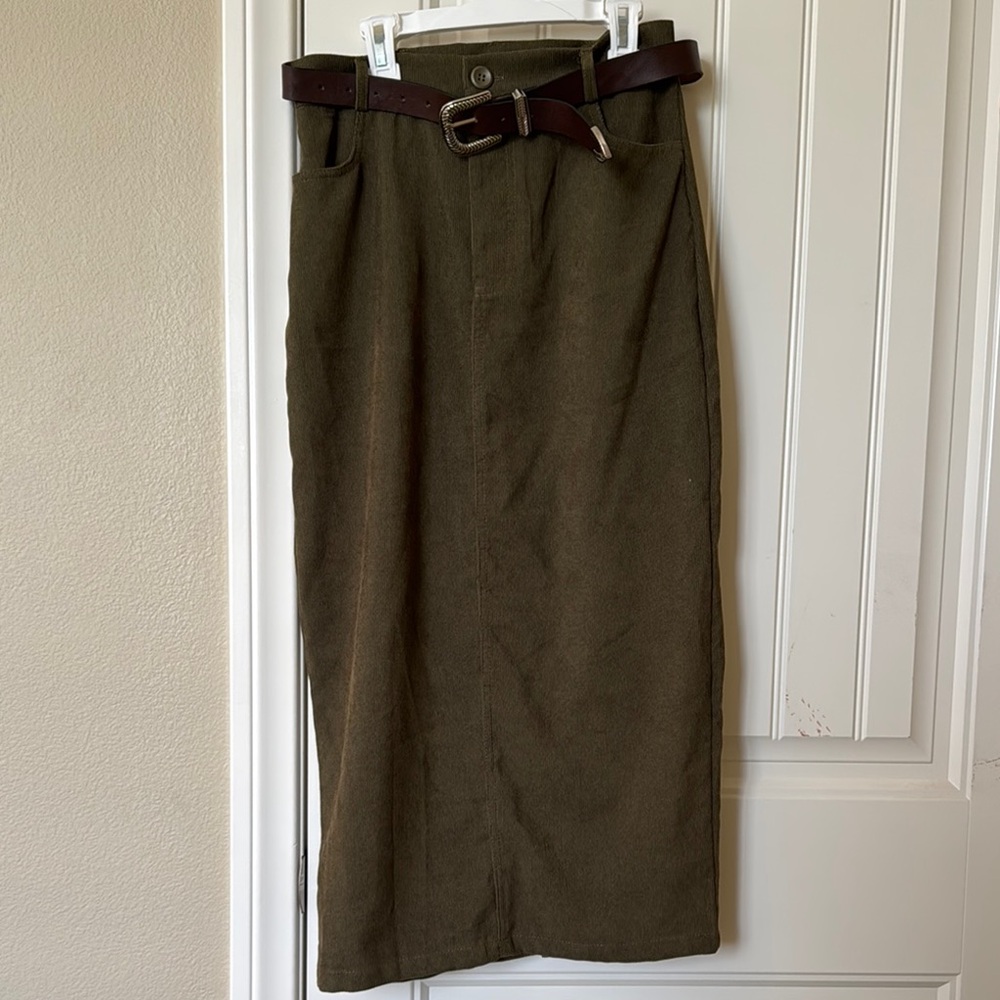 Cider Olive Green Corduroy Midi Pencil Skirt with Belt